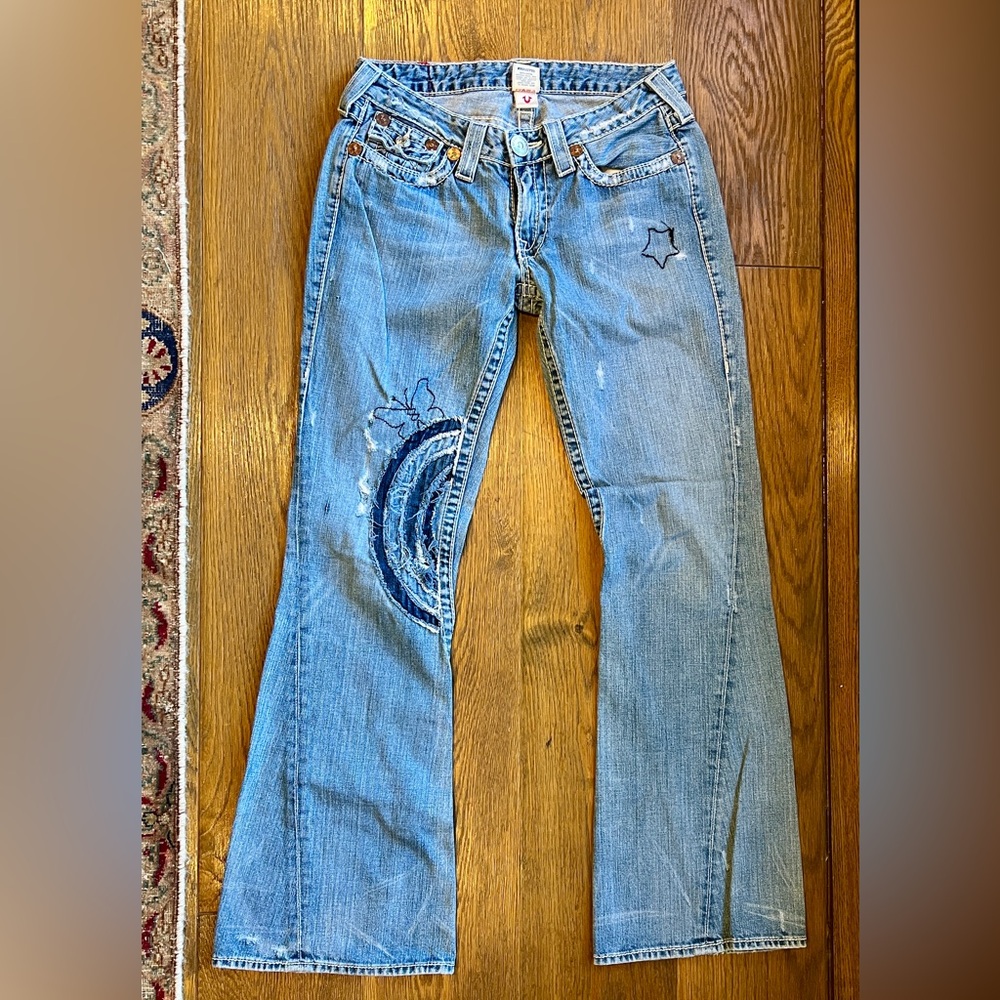 True Religion Light Blue Flare Jeans with Embroidery lots of Details